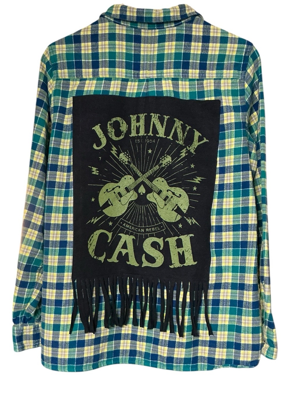 Johnny Cash Upcycled Graphic T Shirt Flannel Top Boyfriend Band Oversized Fringe